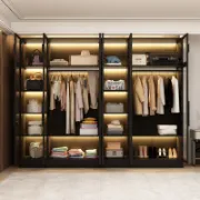 Glass Wardrobe Closet with Lighting and Multiple Shelves